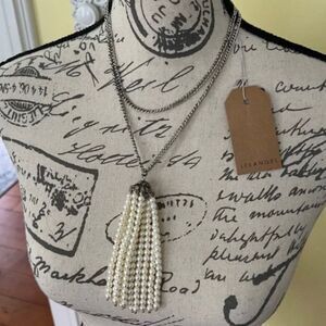 NWT *Lee Angel* Long Antique Silver Metallic Faux Pearl Fringe Pendant Necklace